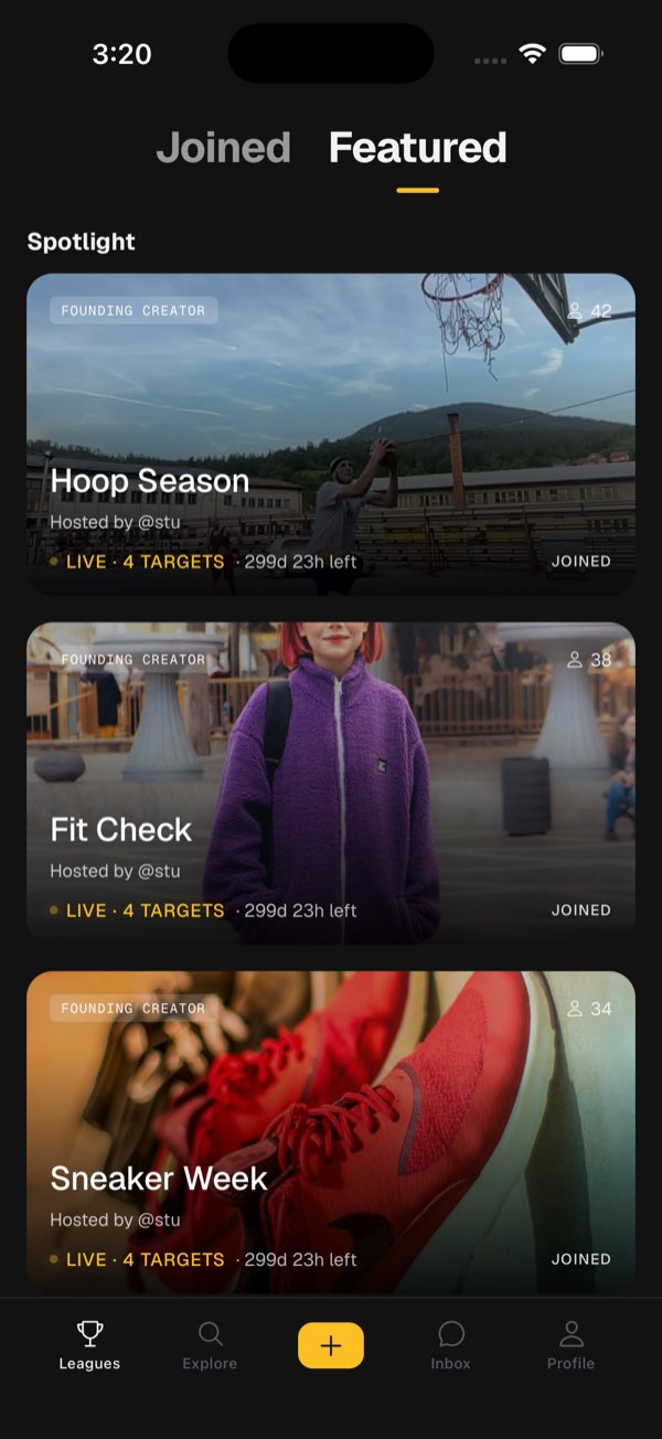 The STU home screen — the leagues you have joined and featured ones to discover