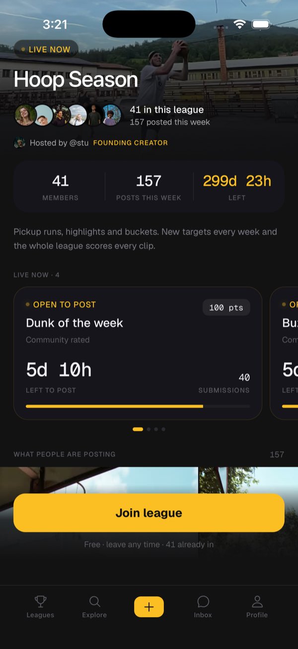 A STU league overview — members, posts this week, time left in the season, and its live targets