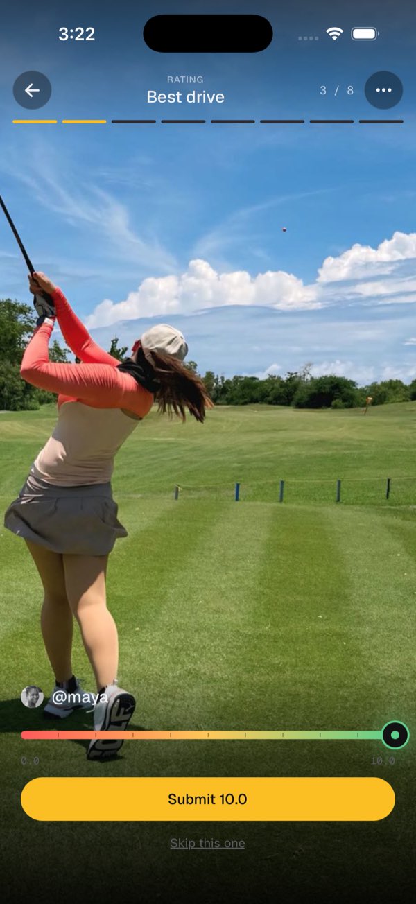 Rating an entry in STU — a golf swing scored with the 1 to 10 slider